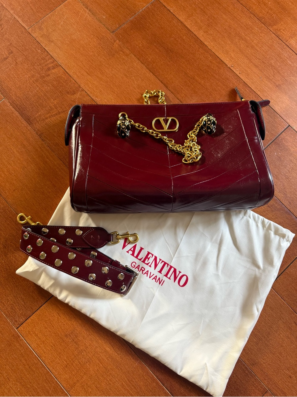 Valentino Garavani Burgundy Panthea Shoulder Bag with Chain Detail